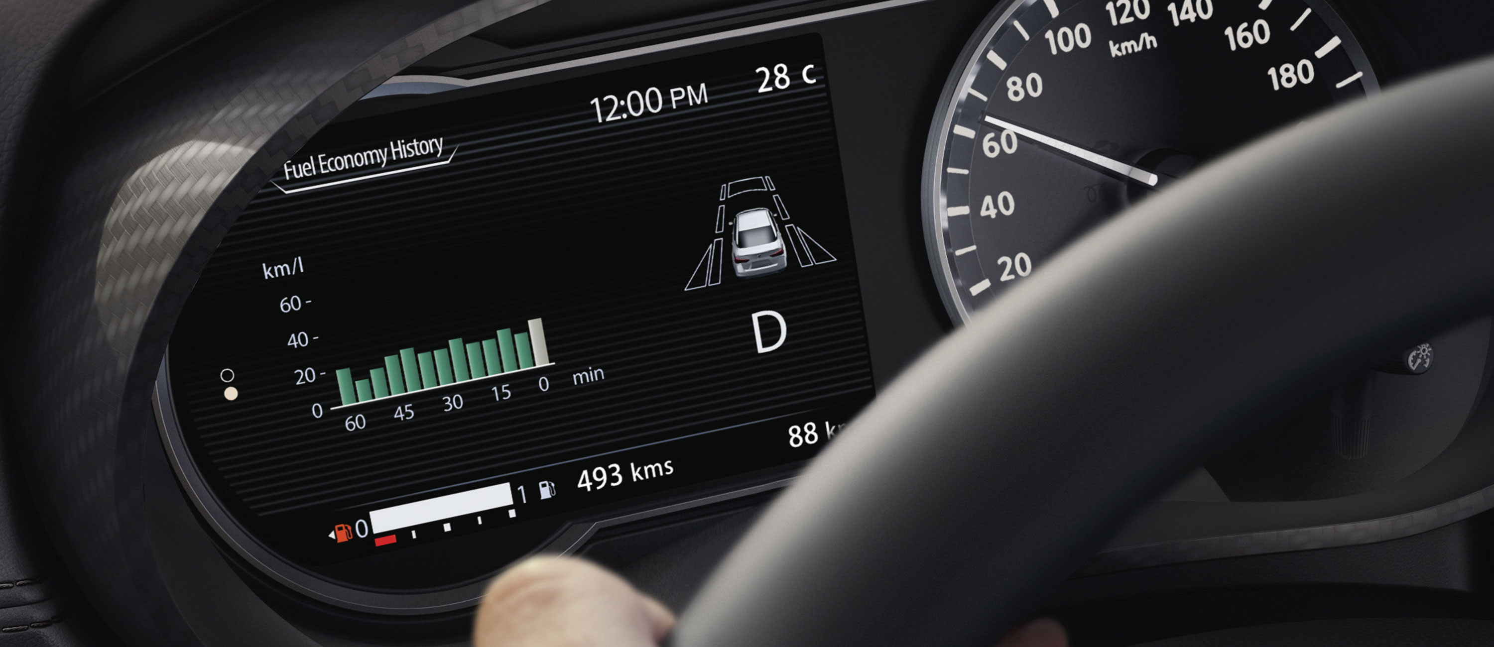 Nissan SUNNY Advanced Drive Assist Display showing fuel economy